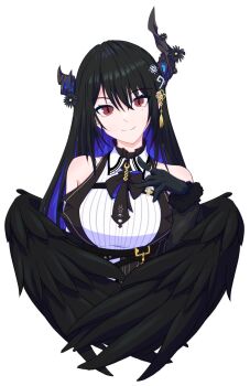1girl asymmetrical_horns black_hair black_wings blue_hair blush breasts clothing_cutout cnt_touryou colored_inner_hair crystal_horns demon_horns feather-trimmed_jacket feathered_wings flower gloves hair_ornament hand_on_own_chest highres hololive hololive_english horn_flower horns large_breasts long_hair looking_at_viewer mole mole_under_eye multicolored_hair nerissa_ravencroft nerissa_ravencroft_(1st_costume) red_eyes ribbed_shirt shirt shoulder_cutout simple_background smile solo tassel tassel_hair_ornament two-tone_hair uneven_horns very_long_hair virtual_youtuber white_background wings