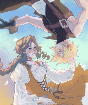 1boy 1girl aerith_gainsborough aerith_gainsborough_(garnet's_gown) bare_shoulders black_choker black_gloves black_pants black_vest black_wrist_cuffs blonde_hair blue_eyes braid braided_ponytail breasts brown_hair chest_harness choker cleavage clily027 cloud_strife cloud_strife_(zidane's_outfit) cosplay couple crystal dress final_fantasy final_fantasy_vii final_fantasy_vii:_ever_crisis garnet_til_alexandros_xvii garnet_til_alexandros_xvii_(cosplay) gloves green_eyes hand_in_another's_hair harness hetero highres jewelry juliet_sleeves long_dress long_hair long_sleeves medium_breasts official_alternate_costume orange_dress pants parted_bangs parted_lips pendant puffy_long_sleeves puffy_sleeves shirt short_hair sidelocks single_braid smile spiked_hair teeth upper_body vest white_shirt wrist_cuffs zidane_tribal zidane_tribal_(cosplay)