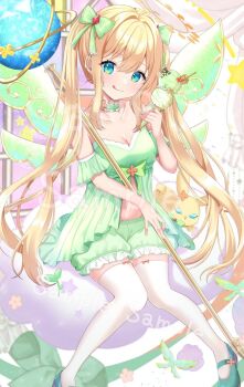 Rule 34 | 1girl, babydoll, bare shoulders, blonde hair, blue eyes, bow, breasts, character request, choker, cleavage, commentary request, commission, food, frilled choker, frills, green babydoll, green bow, green choker, green shoes, green shorts, green wings, hair bow, halo, highres, holding, holding ice cream cone, ice cream, ice cream cone, lele1e0v0, long hair, looking at viewer, multicolored eyes, orb, original, sample watermark, shoes, shorts, sitting, small breasts, solo, staff, stuffed animal, stuffed rabbit, stuffed toy, thighhighs, tongue, twintails, watermark, white thighhighs, wings