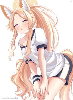 1girl alternate_costume animal_ear_fluff animal_ears blonde_hair blue_archive cross_halo extra_ears fox_ears fox_girl gradient_eyes gym_shirt gym_shorts gym_uniform halo hands_on_own_knees helvetica_std highres long_hair looking_at_viewer multicolored_eyes ponytail revision scrunchie seia_(blue_archive) shirt shorts solo strap_slip sweat tail trinity_general_school_logo white_background white_shirt wrist_scrunchie yellow_halo