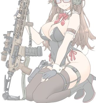 armband assault_rifle black_gloves boots bow breasts brown_hair cleavage closed_mouth collar detached_collar frills glasses gloves gun gun_sling hand_on_own_thigh handgun headset highres holding holding_gun holding_weapon holster kneeling large_breasts legband long_hair microphone mikeran_(mikelan) original partially_fingerless_gloves playboy_bunny rabbit_tail red_bow rifle scope sig_mcx simple_background smile tail thick_thighs thigh_holster thighhighs thighs weapon white_background wide_hips wrist_cuffs