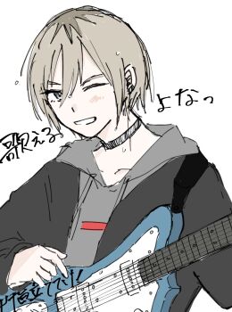 Rule 34 | 1girl, alternate hair length, alternate hairstyle, black jacket, commentary request, electric guitar, girls band cry, grcr pometa1118, grey eyes, grey hair, grey hoodie, guitar, highres, hood, hood down, hoodie, instrument, jacket, kawaragi momoka, multicolored hair, one eye closed, open clothes, open jacket, open mouth, roots (hair), simple background, solo, sweat, translation request, upper body, white background