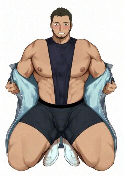 Rule 34 | 1boy, abs, bara, bare pectorals, beard, blush, boxers, coat, covered penis, facial hair, full beard, goburin second, highres, huge pectorals, kneeling, looking at viewer, male focus, male underwear, muscular, muscular male, nipples, open clothes, open coat, original, paid reward available, pectorals, presenting pectorals, sanpaku, shirt, short hair, sleeveless, sleeveless shirt, solo, thick eyebrows, thick thighs, thighs, underwear, undressing
