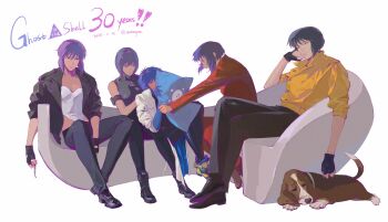 5girls aizheajsee black_hair black_jacket black_pants commentary_request dog ghost_in_the_shell ghost_in_the_shell:_sac_2045 ghost_in_the_shell:_stand_alone_complex ghost_in_the_shell_arise highres in-franchise_crossover jacket kusanagi_motoko leotard leotard_under_clothes multiple_girls pants petting purple_hair red_jacket short_hair simple_background the_ghost_in_the_shell white_jacket yellow_jacket