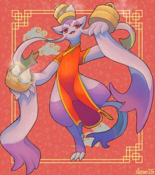 Rule 34 | absurdres, artist name, china dress, chinese clothes, claws, clothed pokemon, commentary request, dress, dumpling, food, full body, gen 5 pokemon, grey fur, highres, looking at viewer, mienshao, nintendo, no humans, pokemon, pokemon (creature), purple fur, red background, red dress, red eyes, shino76, solo, standing, tail, two-tone fur