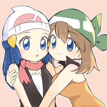 2girls bandana beanie black_collar blue_eyes brown_hair collar commentary_request dawn_(pokemon) floating_scarf green_bandana hand_on_another's_arm hat highres looking_at_viewer may_(pokemon) medium_hair multiple_girls nintendo open_mouth orange_shirt pokemon pokemon_(anime) pokemon_the_series:_diamond_and_pearl red_scarf scarf shirt simple_background sleeveless smile white_hat xrqu2xk8qb47501