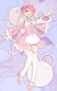 1girl absurdres alternate_costume apron blush bow breasts detached_sleeves donut dress dress_shoes food frilled_apron frilled_dress frilled_sleeves frills hair_ornament highres holding holding_plate leg_up leggings looking_at_viewer maid maid_apron maid_headdress medium_breasts neck_ribbon olivia66949612 open_mouth pink_bow pink_dress pink_hair pink_ribbon pink_shoes plate ram_(re:zero) red_eyes ribbon roswaal_mansion_maid_uniform shoes short_hair short_sleeves smile solo thigh_strap waist_apron white_apron white_leggings x_hair_ornament