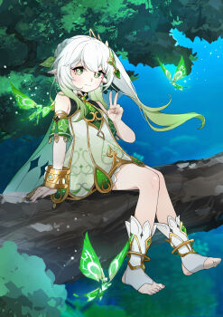 1girl absurdres bare_shoulders blue_sky blush bracelet closed_mouth commentary_request crystalfly_(genshin_impact) day detached_sleeves dress fingernails full_body genshin_impact gold gradient_hair green_eyes green_hair green_sleeves hair_between_eyes hand_up highres in_tree jewelry looking_at_viewer multicolored_hair nahida_(genshin_impact) on_branch outdoors side_ponytail sitting_on_branch sky sleeveless sleeveless_dress solo stirrup_legwear symbol-shaped_pupils toeless_legwear toenails toes tree v white_dress white_hair yueyueyue_yao