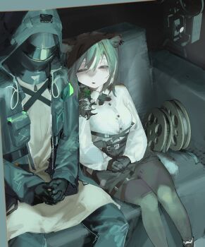 1girl 1other absurdres animal_ears arknights black_eyes black_gloves black_hair black_jacket black_pantyhose black_shorts buttons collared_shirt commentary doctor_(arknights) dress_shirt feet_out_of_frame film_reel freckles gloves grey_hair half-closed_eyes highres hood hood_up hooded_jacket indoors interlocked_fingers ippanjin_nigouki jacket long_sleeves medium_hair multicolored_hair open_clothes open_jacket open_mouth own_hands_together pantyhose projector robin_(arknights) screen_light shirt shorts sitting sleepy strap streaked_hair white_shirt