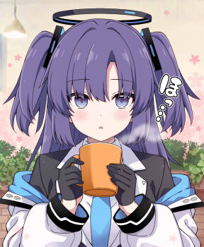 1girl :o black_gloves black_jacket blue_archive blue_necktie blush collared_shirt commentary_request cropped cup gloves half_gloves halo hands_up highres holding holding_cup indoors jacket long_hair long_sleeves looking_at_viewer mug necktie paid_reward_available parted_lips puffy_long_sleeves puffy_sleeves purple_eyes purple_hair rioshi shirt solo star_(symbol) two_side_up unfinished upper_body white_jacket white_shirt yuuka_(blue_archive)