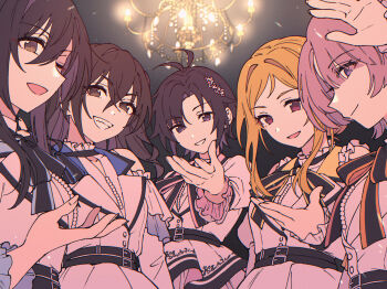 Rule 34 | 5girls, antenna hair, arimura mao, beads, belt, black belt, black bow, black trim, blonde hair, bow, brown eyes, brown hair, buttons, chandelier, character request, check character, commentary request, company connection, curtained hair, fingernails, frilled shirt collar, frills, gakuen idolmaster, group picture, hair between eyes, hair bun, highres, idolmaster, idolmaster (classic), idolmaster cinderella girls, idolmaster million live!, idolmaster million live! theater days, kikuchi makoto, lapels, long hair, long sidelocks, looking at viewer, medium hair, mole, mole under eye, momose rio, multicolored bow, multiple girls, niyororinpayamaru, notched lapels, one eye closed, open mouth, orange bow, outstretched hand, pink bow, pink hair, profile, purple eyes, red eyes, shirase sakuya, shirt, short hair, sidelocks, smile, sunazuka akira, teeth, upper body, white shirt, yellow bow