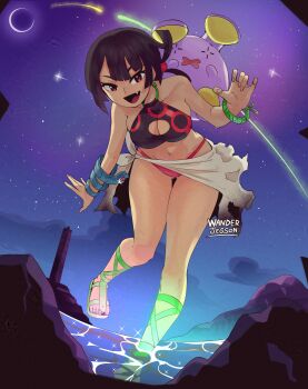 1girl absurdres alternate_costume art_trade bare_shoulders beach bent_over bikini black_bikini black_hair bracelet breasts cameo cleavage cleavage_cutout clothing_cutout crescent_moon curled_fingers deoxys fang gen_3_pokemon glint green_footwear hair_bobbles hair_ornament hand_up highres in-universe_location jewelry large_breasts leg_up legendary_pokemon light_trail looking_at_viewer mega_stone moon mythical_pokemon navel night night_sky nintendo on_shoulder open_mouth pokemon pokemon_(creature) pokemon_on_shoulder pokemon_oras ponytail rayquaza red_bikini red_eyes sandals sarong sharp_teeth shooting_star short_hair short_ponytail sky sky_tower_(pokemon) solo_focus sparkle standing standing_on_one_leg star_(sky) swimsuit teeth torn_clothes torn_sarong tower wanderjegson water whismur white_sarong zinnia_(pokemon)