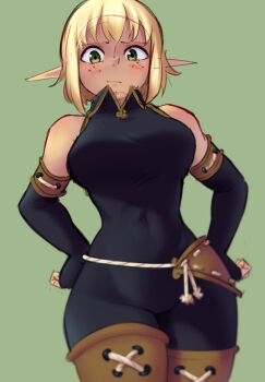 Rule 34 | 1girl, black bodysuit, black gloves, blonde hair, bodysuit, breasts, closed mouth, covered navel, cowboy shot, elbow gloves, evangelyne (wakfu), freckles, gloves, green background, green eyes, hands on own hips, highres, itsdoodlez, light frown, looking at viewer, medium breasts, pointy ears, short hair, simple background, solo, thighhighs, wakfu