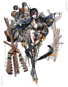 1girl absurdres behemoth_(nikke) black_hair black_nails black_panties breasts bucho_sama cleavage commentary commentary_request english_commentary fingernails floral_print full_body goddess_of_victory:_nikke high_heels highres large_breasts looking_at_viewer mixed-language_commentary nail_polish navel panties pubic_tattoo red_eyes rigging sharp_fingernails sharp_teeth sideboob smile solo tattoo teeth thighs underwear