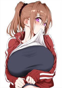 1girl absurdres blush breasts brown_hair clothes_in_mouth clothes_lift commentary_request hair_between_eyes hair_ornament hair_scrunchie highres jacket kyokucho large_breasts lifting_own_clothes long_hair mouth_hold open_clothes open_jacket original ponytail purple_eyes red_jacket scrunchie shirt shirt_in_mouth shirt_lift simple_background sleeves_past_wrists sweat tears track_jacket upper_body white_background white_shirt