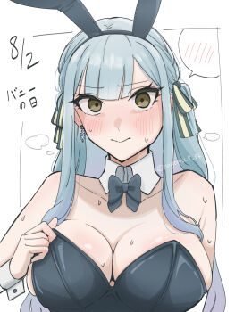 Rule 34 | 1girl, animal ears, bang dream!, bang dream! it's mygo!!!!!, black bow, black bowtie, black leotard, blue hair, bow, bowtie, breasts, bunny day, cleavage, closed mouth, commentary, dated, earrings, fake animal ears, hair ribbon, highres, jewelry, large breasts, leotard, long hair, nagomu 7 56, playboy bunny, rabbit ears, ribbon, sidelocks, simple background, solo, spoken blush, strapless, strapless leotard, sweat, togawa sakiko, translated, upper body, yellow eyes
