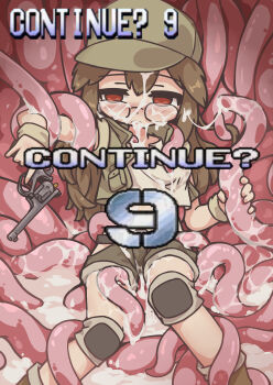 1girl absurdres brown_eyes brown_hair chinese_commentary commentary_request continue crop_top empty_eyes feet_out_of_frame field_cap fio_germi glasses gun hair_down handgun hat highres holding_tentacle knee_pads long_hair metal_slug open_mouth qswan short_shorts shorts solo tentacle_pit tentacles tentacles_under_clothes vest weapon wristband