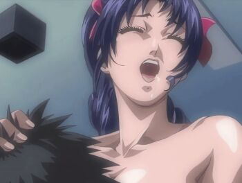 00s 1boy 1girl 2002 animated animated_gif anime_screenshot bible_black bible_black_gaiden black_hair bow breasts drill_hair drill_ponytail drooling hair_bow hair_ribbon hiratani_seiichi implied_breast_grab implied_breast_sucking kozono_nami large_breasts long_hair mind_control open_mouth ponytail purple_hair ribbon saliva shaking_head tagme ugly_bastard ugly_male