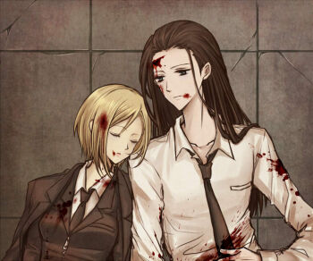 1boy 1girl bindi black_hair black_jacket blonde_hair blood blood_on_clothes blood_on_face closed_eyes elena_(ff7) final_fantasy final_fantasy_vii formal_clothes green_eyes hand_on_own_stomach injury jacket jacket_on_shoulders leaning_on_person long_hair long_sleeves necktie rana_(re_cis) shirt short_hair square_enix suit tseng turks_(ff7) unworn_jacket upper_body white_shirt