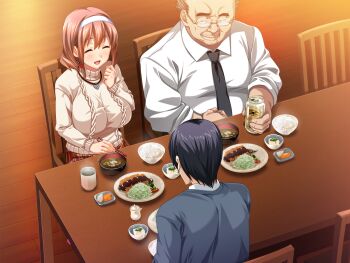1girl 2boys aran_sweater asaoka_arata asaoka_genzo balding beer_can black_hair black_necktie breasts brown_hair cable_knit can chair collared_shirt drink_can dutch_angle food glasses hair_between_eyes hairband hand_on_own_chest heart heart_necklace hinomoto_koharu impossible_clothes impossible_sweater indoors jewelry kedamono-tachi_no_sumu_ie_de large_breasts laughing long_sleeves looking_at_another medium_hair multiple_boys necklace necktie plaid_clothes plaid_skirt shirt sitting skirt smile sweater table takeda_hiromitsu turtleneck turtleneck_sweater ugly_bastard white_hairband white_shirt wooden_floor wooden_table