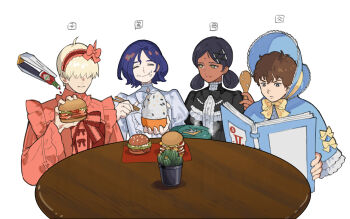 1girl 3boys amuro_ray bindi bit_(gundam) black_hair blonde_hair blue_hair bonnet bow bowl brown_eyes brown_hair burger char_aznable chopsticks commentary_request crossdressing dark-skinned_female dark_skin double_bun eating food food_on_face frilled_bonnet frilled_shirt frills green_eyes gundam gundam_gquuuuuux hair_bow hair_bun hair_over_eyes hairband highres holding holding_bowl holding_burger holding_chopsticks holding_food holding_menu lalah_sune lolita_fashion long_sleeves menu mobile_suit_gundam multiple_boys open_mouth rice rice_bowl rice_on_face shamoji shirouzu_(gundam) shirt short_hair shuji_ito smile starshadowmagician succulent_plant table white_background