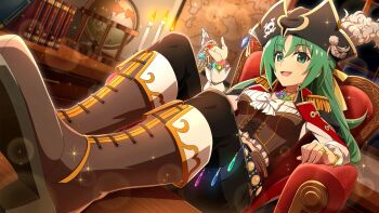 1girl armchair belt black_hat black_pants blurry book boots bow brown_boots candle chair corset depth_of_field dutch_angle epaulettes feathers feet_on_table full_body game_cg globe green_eyes green_hair hair_ribbon hat highres higurashi_no_naku_koro_ni higurashi_no_naku_koro_ni_mei holding holding_jewelry indoors jewelry jolly_roger lens_flare long_hair looking_at_viewer map_(object) necklace non-web_source official_art open_mouth pants pirate pirate_costume pirate_hat ribbon ring sitting sitting_on_throne skull_and_crossbones smile solo sonozaki_shion sparkle white_bow white_feathers wind yellow_ribbon