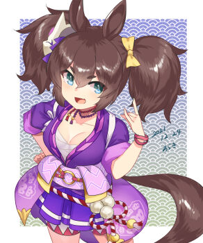 Rule 34 | 1girl, animal ears, araki (qbthgry), blush, breasts, brown hair, chest sarashi, cleavage, collarbone, commentary request, fang, fox mask, fox shadow puppet, green eyes, hair between eyes, highres, horse ears, horse girl, horse tail, inari one (inari yukari edomurasaki) (umamusume), inari one (umamusume), japanese clothes, kimono, kouhaku nawa, large breasts, mask, mask on head, open mouth, purple kimono, rope, sarashi, shimenawa, smile, solo, tail, twintails, umamusume