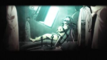 1girl 3boys ball_gag barefoot blurry blurry_foreground bound bound_arms bound_legs chaos;child constricted_pupils crossed_arms doctor feet from_behind gag gagged game_cg glass glowing highres jacket lab_coat leather_strap long_hair minamisawa_senri monitor multiple_boys official_art padded_jacket pain pink_hair reflection restrained sasaki_mutsumi science_adventure screen screen_light sitting straitjacket toes torture wide-eyed