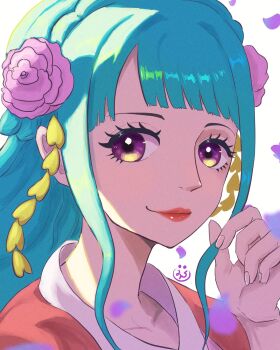 1girl aqua_hair blunt_bangs closed_mouth eyelashes falling_petals flower hair_flower hair_ornament hashtag-only_commentary highres kouzuki_hiyori long_hair looking_at_viewer one_piece onepiece_banbi petals pink_flower purple_eyes sidelocks smile solo