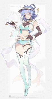 1girl alternate_costume black_gloves blue_eyes blue_hair blue_shorts boots chinese_commentary commentary_request commission drill_hair elbow_gloves full_body gloves hagoromo hair_ornament hair_stick highres holding holding_smoking_pipe kaku_seiga race_queen shawl short_shorts shorts smile smoking_pipe solo thigh_boots touhou vest watermark white_vest yinco