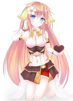 1girl barefoot blue_eyes breasts candy chocolate chocolate_heart ciel_nosurge female_focus flower food full_body gust hair_flower hair_ornament heart holding ionasal_kkll_preciel kirimoti34 kneeling large_breasts long_hair navel pink_hair skirt solo surge_concerto white_background