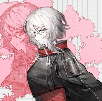 1girl black_jacket blue_eyes bochishiraita cropped_jacket faust_(project_moon) from_side grid_background high_collar highres jacket light_smile limbus_company long_sleeves looking_at_viewer project_moon red_shirt shi_association_east_uniform shirt short_hair_with_long_locks solo splatter_background upper_body white_hair zipper zoom_layer