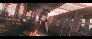 2boys 4girls amemiya_darumi aotsuki_eito artist_request black_hairband black_hat black_serafuku black_shirt black_skirt blue_hair chinese_commentary commentary_request cowboy_shot hairband hat highres kawana_tsubasa kirifuji_nozomi letterboxed long_hair miniskirt multiple_boys multiple_girls pleated_skirt red_hair sailor_collar school_uniform second-party_source serafuku shirt shizuhara_hiruko short_sleeves skirt solo_focus sumino_takumi the_hundred_line_-last_defense_academy- train train_station twintails white_hair white_sailor_collar