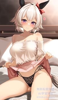 1girl animal_ears bare_shoulders bed_sheet black_panties blush bow breasts collarbone commentary_request curren_chan_(umamusume) ear_bow ear_covers grey_hair grey_tail highres holding_own_skirt horse_ears horse_girl horse_tail indoors komb large_breasts looking_at_viewer miniskirt multi-strapped_panties off-shoulder_shirt off_shoulder on_bed panties pillow pink_skirt purple_eyes red_bow shirt short_hair side-tie_panties sitting skirt smile solo string_panties tail thighs umamusume underwear watermark white_shirt