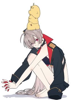 1girl absurdres animal animal_on_head azur_lane baby_animal barefoot bikini bikini_under_clothes bird black_bikini black_collar black_jacket black_shorts brown_hair chick collar commentary_request cropped_jacket full_body gloves hair_between_eyes hatski.sin highres interlocked_fingers jacket jean_bart_(azur_lane) long_hair long_sleeves looking_at_viewer manjuu_(azur_lane) on_head own_hands_together puffy_long_sleeves puffy_sleeves purple_eyes red_gloves shadow shorts simple_background single_glove solo squatting stack swimsuit very_long_hair white_background