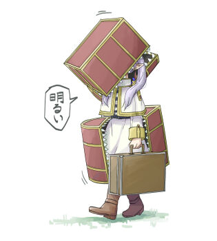 1girl belt biting black_belt boots briefcase brown_boots capelet commentary_request covered_face earrings frieren full_body grey_hair highres holding holding_briefcase jewelry long_sleeves mimic mimic_chest peroponesosu. pointy_ears sharp_teeth shirt simple_background skirt solo sousou_no_frieren speech_bubble striped_clothes striped_shirt stuck teeth translated twintails vore walking white_background white_capelet white_skirt