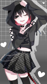 1girl absurdres animal_ear_hood arm_up artist_name belt belt_buckle black_belt black_choker black_eyes black_hair black_hoodie black_nails black_skirt black_thighhighs bob_cut buckle chain chain_necklace choker clenched_hand clothing_cutout colored_inner_hair commentary contrapposto cowboy_shot cropped_hoodie drawstring empty_eyes eyelashes eyeliner fake_animal_ears goth_fashion grey_background grid_background hair_between_eyes hands_on_own_head hands_up head_tilt heart highres hood hood_up hoodie jewelry kigurumi_(i_love_zingai) lace-up lipstick long_sleeves looking_at_viewer makeup midriff miniskirt monogatari_(series) multicolored_hair multiple_necklaces nail_polish necklace one_eye_closed open_mouth oshino_ougi outline plaid_clothes plaid_skirt pleated_skirt red_eyeliner red_hair red_lips short_hair shoulder_cutout signature skirt sleeves_past_wrists smile solo standing tail tail_strap thighhighs translated two-tone_hair v wallet_chain white_outline zettai_ryouiki