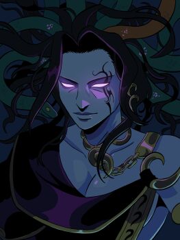 Rule 34 | 1girl, black hair, breasts, cleavage, collarbone, facial mark, glowing, glowing eyes, highres, kid icarus, kid icarus uprising, mango-peach-strawberry, medusa (kid icarus), nintendo, snake hair, solo, upper body