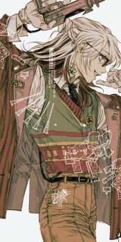 Rule 34 | 1other, arm up, brown hair, brown jacket, brown shorts, cowboy shot, from side, glasses, green vest, gun, gyujik qzc, handgun, hands up, highres, holding, holding gun, holding weapon, jacket, long hair, medicine pocket, medicine pocket (the cosmos photographer), multicolored hair, official alternate costume, open mouth, profile, reverse:1999, shirt, shorts, solo, streaked hair, sweater vest, vest, weapon, white hair, white shirt