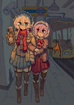 Rule 34 | 2girls, absurdres, alternate costume, arm hug, bat wings, blue skirt, boots, bow, bowtie, brown boots, brown jacket, brown thighhighs, brown vest, closed mouth, commentary, english commentary, frilled hairband, frills, fur-trimmed boots, fur-trimmed hood, fur trim, garter straps, green bow, green eyes, grey hair, hair between eyes, hairband, highres, holding, holding lantern, hood, izayoi sakuya, jacket, knee boots, lace-up boots, lantern, long hair, long sleeves, multiple girls, pleated skirt, purple hair, rampa93, red bow, red bowtie, red eyes, red scarf, red skirt, remilia scarlet, scarf, skirt, smile, thighhighs, torn clothes, torn skirt, torn thighhighs, touhou, vest, wings