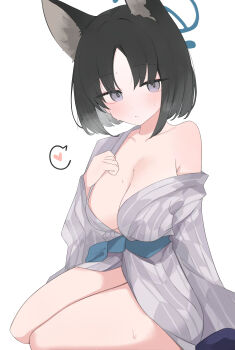 1girl absurdres animal_ears black_hair blue_archive blue_halo breasts cat_ears commentary_request gu_meng_yin halo heart highres japanese_clothes kikyou_(blue_archive) kimono short_hair simple_background solo white_background