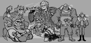 3boys 3girls absurdres alternate_costume antenna_hair bald beanie boots breasts candy chocolate chocolate_bar clenched_hands closed_mouth clothes_writing coat collared_shirt commentary crossed_arms danganronpa_(series) danganronpa_v3:_killing_harmony demon_girl demon_horns demon_tail devil_may_cry_(series) english_commentary fingerless_gloves food frown fur-trimmed_coat fur_trim gloves greyscale grin hair_between_eyes hands_in_pockets hat heavy_(tf2) helltaker heroes_of_might_and_magic heroes_of_might_and_magic_iii high_heel_boots high_heels highres holding holding_chocolate holding_food holding_weapon horns iruma_miu jacket jacket_on_shoulders justice_(helltaker) long_sleeves lying malina_(helltaker) monochrome multiple_boys multiple_girls necktie nervous_smile nervous_sweating on_side open_clothes open_coat open_jacket over_shoulder pants papyrus_(undertale) pom_pom_(clothes) pom_pom_beanie raised_eyebrow scarf shirt short_hair skeleton skirt smile standing sunglasses sweat tail team_fortress_2 teeth undertale utdr_(toby_fox) v-shaped_eyebrows vanripper vergil_(devil_may_cry) wavy_mouth weapon weapon_over_shoulder winter_clothes