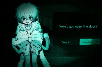 1other arazan_(ara_arazan24) black_eyes choker cityscape commentary_request dark dialogue_box dialogue_options english_text feet_out_of_frame game_screenshot_background green_theme hair_between_eyes indie_virtual_youtuber jacket light_smile looking_at_viewer messy_hair night no_i'm_not_a_human open_mouth oversized_jacket pale_skin parody pov_peephole screenshot_background short_hair sleeves_tied_together solid_circle_pupils solo teeth upper_teeth_only virtual_youtuber white_jacket wooden_porch yukue_fumei zipper