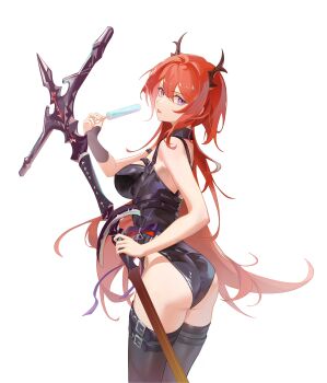 1girl absurdres alternate_costume arknights ass bare_shoulders belt black_belt black_leotard black_thighhighs breasts brown_horns chest_strap cowboy_shot demon_girl demon_horns fingernails food hair_between_eyes highres holding holding_food holding_popsicle holding_weapon horns konghao large_breasts leotard long_hair looking_at_viewer open_mouth orange_hair popsicle purple_eyes revision sidelocks simple_background slit_pupils solo standing surtr_(arknights) thigh_belt thigh_strap thighhighs tongue tongue_out twisted_torso very_long_hair weapon white_background