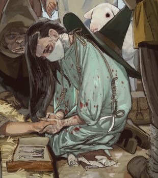 1girl baby_animal black_hair blood blood_splatter brown_footwear hat highres kneeling lamb long_hair mask mossacannibalis mouth_mask original scalpel scar scar_on_face scissors sheep shoes solo_focus surgical_mask witch_hat