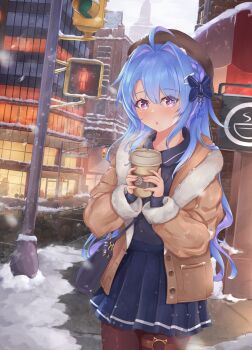 1girl absurdres alternate_costume azur_lane bag blue_hair cup disposable_coffee_cup disposable_cup handbag hat helena_(azur_lane) highres jacket kyl490 long_hair looking_at_viewer open_mouth road snow solo street traffic_light