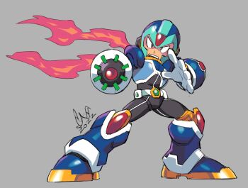 1boy 2022 aiming aiming_at_viewer android arm_cannon armor armored_boots belt black_bodysuit blue_armor blue_boots blue_helmet bodysuit boots caliginousarts forehead_jewel full_body gem gem_on_head gloves green_eyes hand_up helmet highres male_focus mega_man_(series) mega_man_x:_command_mission mega_man_x_(series) new_armor_x_(mega_man) open_mouth red_gemstone red_scarf scarf solo standing v-shaped_eyes weapon white_belt white_gloves x_(mega_man)