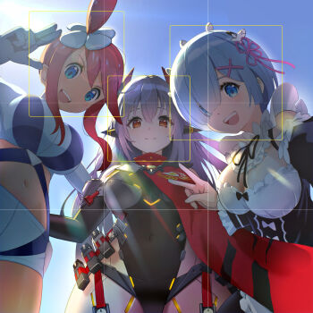 3girls android arm_around_another's_waist armored_leotard blackminolith_(2ne) blue_boots blue_eyes blue_gloves blue_hair blue_shorts boots breasts camera_view commentary commission covered_navel cowboy_shot dress elbow_gloves english_commentary fake_phone_screenshot fake_screenshot gloves hair_ornament hair_over_one_eye highleg highleg_leotard highres jacket joints large_breasts leotard long_hair looking_at_viewer maid medium_breasts midriff multiple_girls nintendo one_side_up open_mouth pink_ribbon pixiv_commission pokemon pokemon_black_and_white poppi_(xenoblade) poppi_qtpi_(xenoblade) purple_hair re:zero_kara_hajimeru_isekai_seikatsu red_hair red_scarf rem_(re:zero) ribbon robot_ears robot_joints roswaal_mansion_maid_uniform scarf selfie short_hair short_hair_with_long_locks short_shorts shorts sidelocks skyla_(pokemon) smile v v-shaped_eyebrows x_hair_ornament xenoblade_chronicles_(series) xenoblade_chronicles_2 yellow_eyes