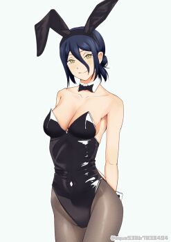 1girl animal_ear_hairband animal_ears black_bow black_bowtie black_hair black_leotard black_pantyhose bow bowtie breasts chainsaw_man commentary_request detached_collar fake_animal_ears hair_between_eyes hairband highres illust_aqua leotard medium_breasts pantyhose playboy_bunny rabbit_ear_hairband rabbit_ears reze_(chainsaw_man) short_hair simple_background smile solo strapless strapless_leotard twitter_username white_background wrist_cuffs yellow_eyes