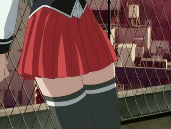 00s 1boy 1girl 2005 animal_ears animated animated_gif anime_screenshot bible_black bible_black_only blue_eyes blush breasts dress fence green_hair hetero ito_mika large_breasts leg_up long_hair necktie outdoors pubic_hair pussy rabbit_ears red_dress school school_roof school_rooftop school_uniform sunset tagme thigh_grab thighhighs underwear zettai_ryouiki